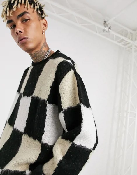 Джемпер oversized в шахматную клетку из пушистой пряжи ASOS DESIGN-Черный цвет