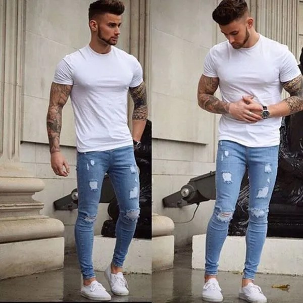 2021 Новое поступление, модные популярные мужские длинные прямые брюки, облегающие повседневные брюки из денима с дырками, узкие джинсы, клуб...