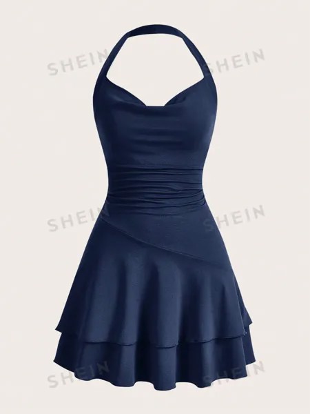 SHEIN MOD однотонное женское платье с бретелькой на шее и многослойным подолом, темно-синий
