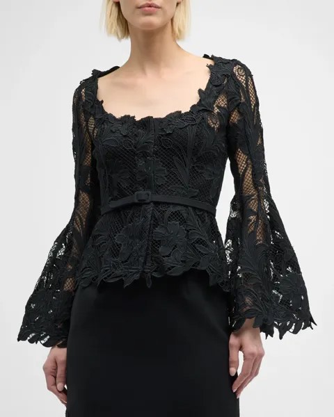 Гипюровый жакет Marbled Carnation с поясом на талии Oscar de la Renta, цвет Black