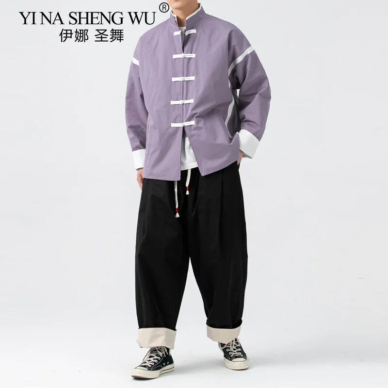Комплект кимоно мужской с воротником-стойкой, свободный пиджак в китайском стиле, на пуговицах, повседневные брюки, комплект из двух предме...
