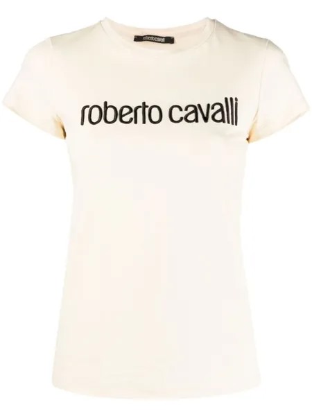 Roberto Cavalli футболка с вышитым логотипом, нейтральный цвет