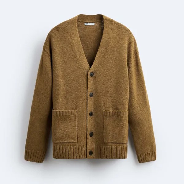 Кардиган с карманами Zara Textured, оливково-зеленый