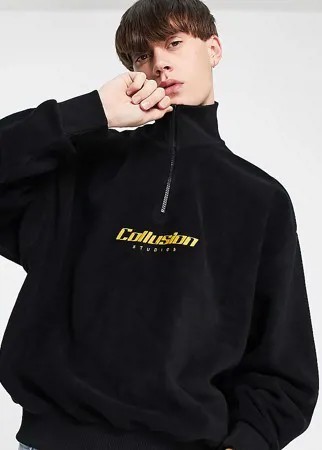 Oversized-свитшот из флиса с воротником-стойкой и вышивкой от комплекта COLLUSION-Черный цвет