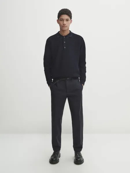 Фактурный вязаный свитер с воротником-поло Massimo Dutti, синий