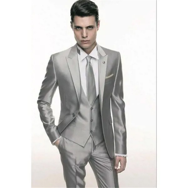 Новый Классический мужской костюм Smolking Noivo Terno, облегающие вечерние костюмы Easculino для мужчин, свадебные серебряные смокинги для жениха на вы...
