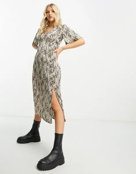 Коричневое платье миди с разрезом по бокам New Look
