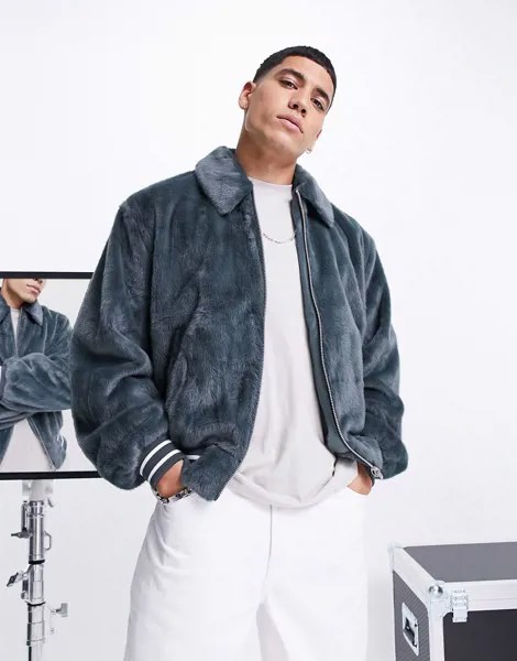 Синий бомбер с отделкой из искусственного меха ASOS DESIGN-Зеленый цвет