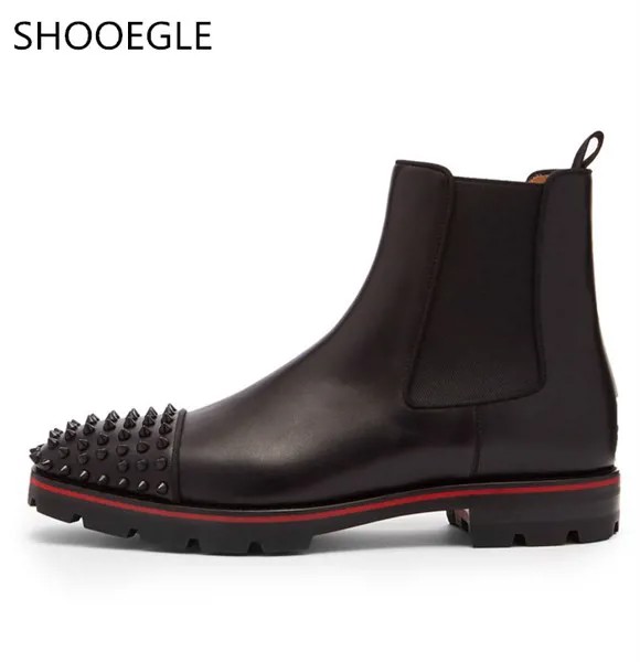 SHOOEGLE/кожаные ботинки «Челси» ручной работы; мужские ботильоны с заклепками; обувь на низком каблуке с круглым носком и эластичной лентой; EU39-EU46