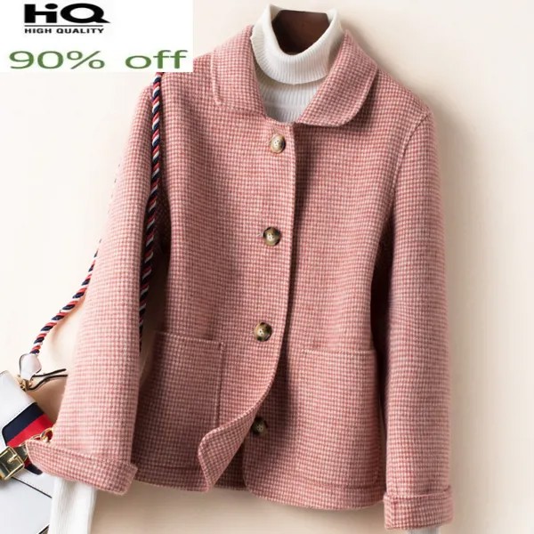 Элегантное пальто из 100% шерсти, женские корейские шерстяные куртки, женская одежда 2022, облегающее клетчатое пальто, весна-осень, пальто 1907777W751