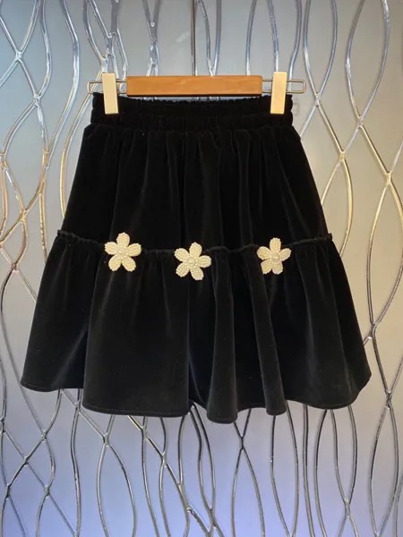 Женская бархатная юбка трапециевидной формы, юбка с эластичным поясом и вышивкой бисером, 2022