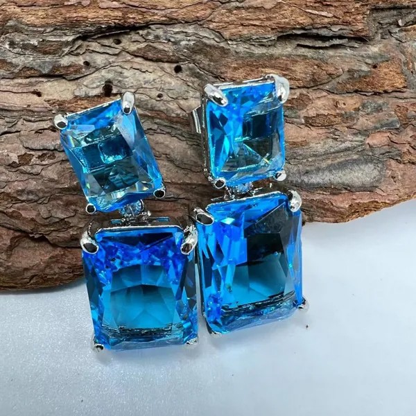 Роскошный квадратный синий циркон кристалл серьги изысканные моды серебристый цвет металл белый камень помолвка свадебные серьги