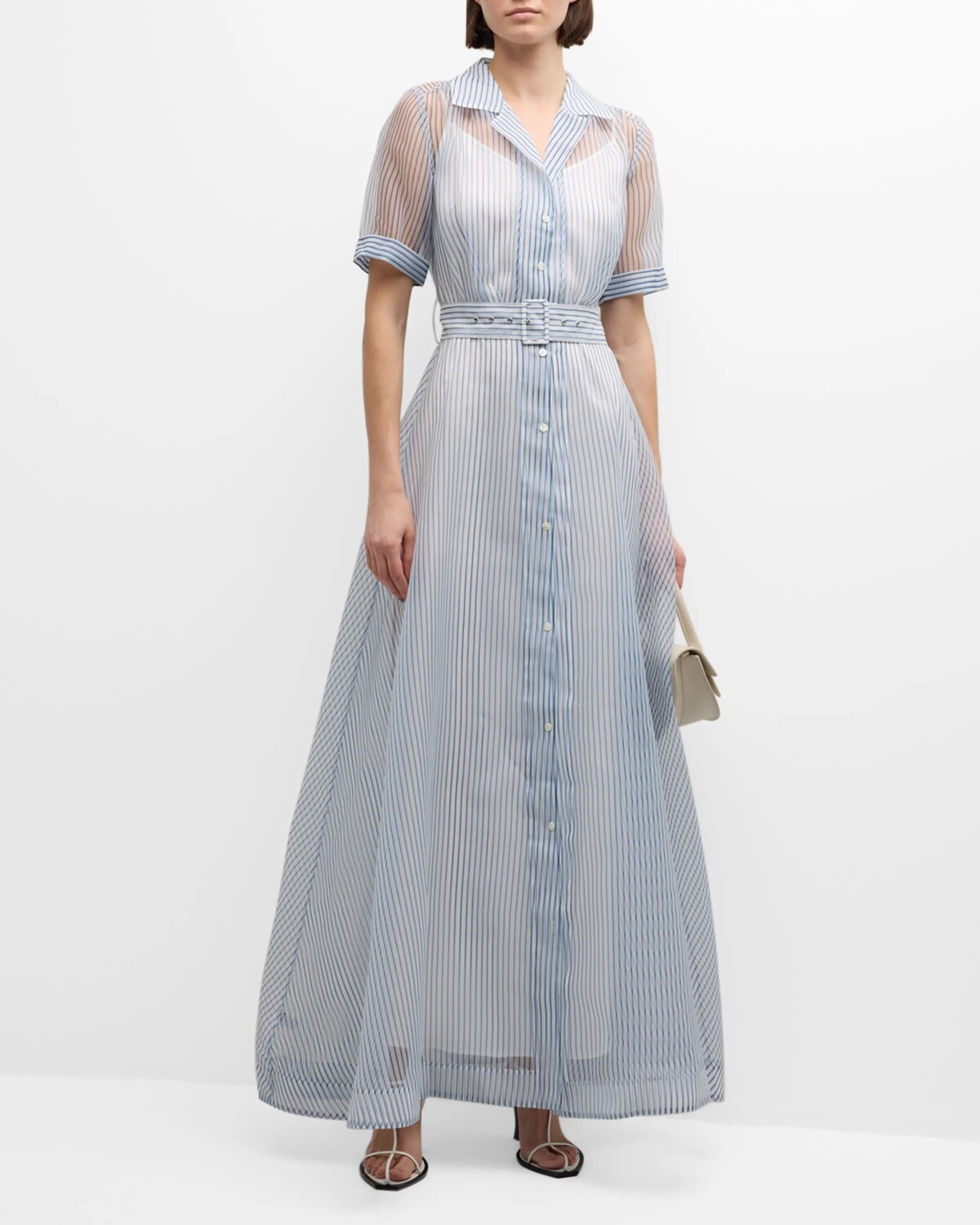 Платье Millie из органзы с короткими рукавами и поясом STAUD, цвет Ivory Micro Stripe