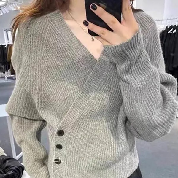 Вязаный шерстяной свитер с V-образным вырезом, однотонный корейский свитер, джемперы и пуловеры для девочек, Осень-зима 2022
