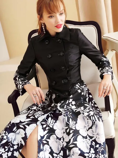 Женский деловой Тренч, длинное двубортное приталенное классическое пальто с цветочным принтом, дождевик, 2023
