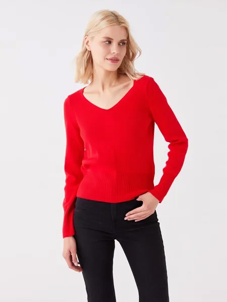 Однотонный женский трикотажный свитер с V-образным вырезом и длинными рукавами LCW Casual, красный