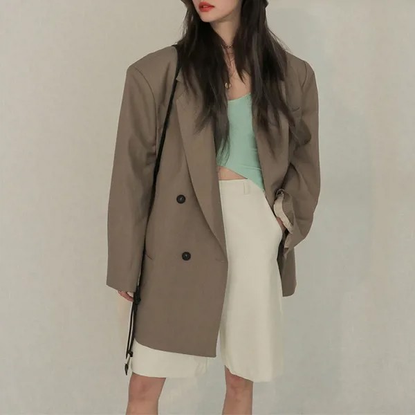 Женский костюм свободного кроя, двубортный пиджак средней длины, новинка, корейский стиль, офисный женский пиджак с длинным рукавом, famale 2020, ...