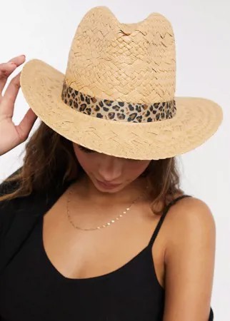Соломенная солнцезащитная шляпа темного оттенка с леопардовой лентой Boardmans-Нейтральный