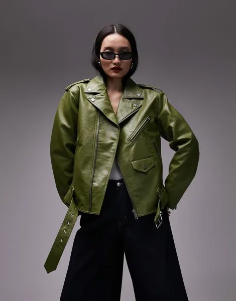 Зеленая байкерская куртка оверсайз из искусственной кожи Topshop