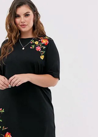 Платье-футболка мини с вышивкой ASOS DESIGN Curve-Черный