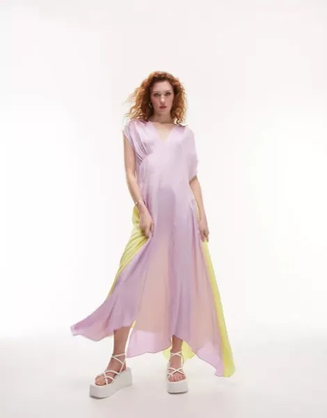 Жаккардовое асимметричное платье миди Topshop лаймового и сиреневого цветов