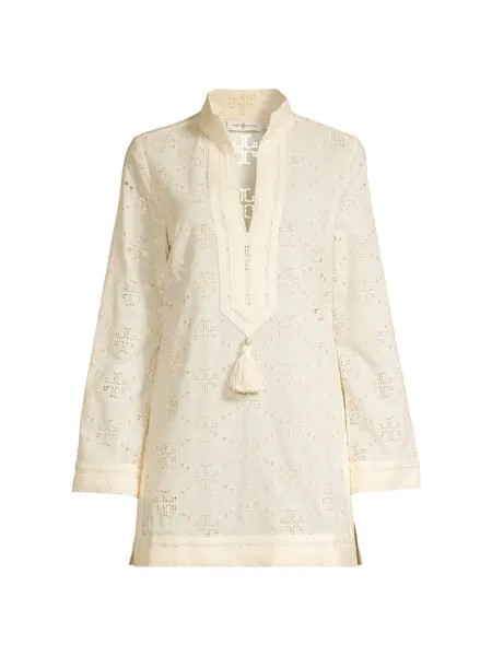 Хлопковая блуза-туника с люверсами Tory Burch, кремовый