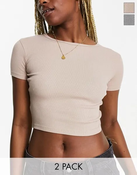 Комплект из двух футболок в рубчик Pull&Bear бежевого и темно-серого цветов