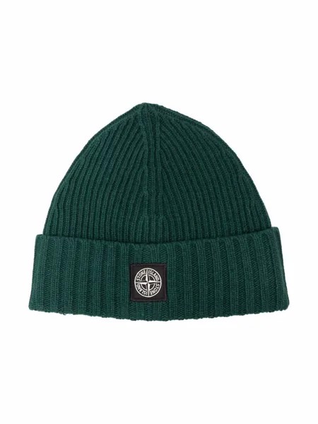 Stone Island Junior шапка бини в рубчик с нашивкой-логотипом