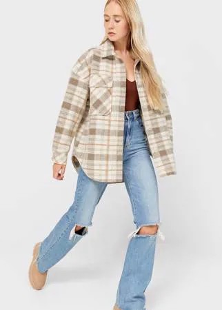 Stradivarius Трикотажная Куртка-Рубашка В Клетку Бежевый M