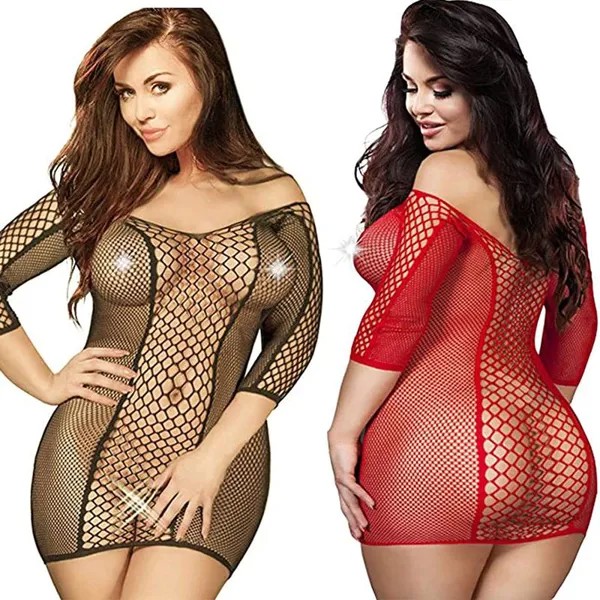 Плюс Размер Женский Бесшовная Сетка Chemise Сексуальное Белье Сетчатое Отверстие Полная Длина Рукава Babydoll Секс пижама