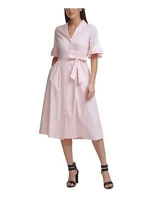 Платье-рубашка DKNY Womens Pink Tie Printed с коротким рукавом и V-образным вырезом Midi Wear To Work Dress 2
