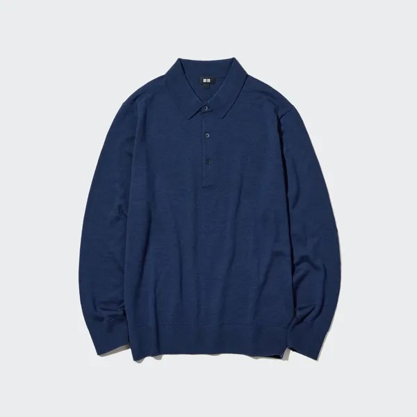 Поло Uniqlo мужское с длинным рукавом из шерсти мериноса, синий