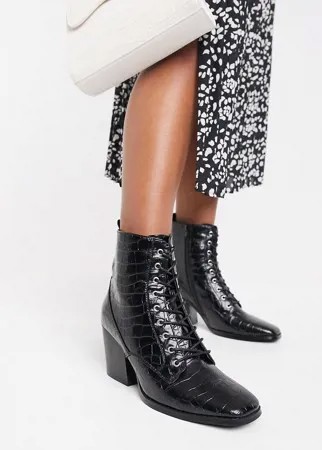 Черные ботильоны на каблуке со шнуровкой, квадратным носком и эффектом крокодиловой кожи Glamorous-Черный