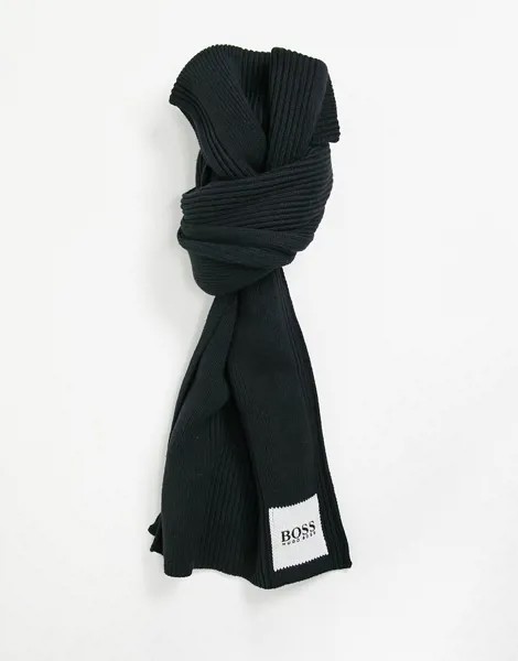 Черный шерстяной шарф с логотипом Hugo Boss-Черный цвет