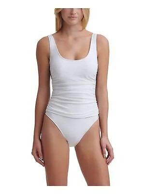 Женский белый эластичный цельный купальник DKNY с круглым вырезом и сеткой по бокам со сборками 10