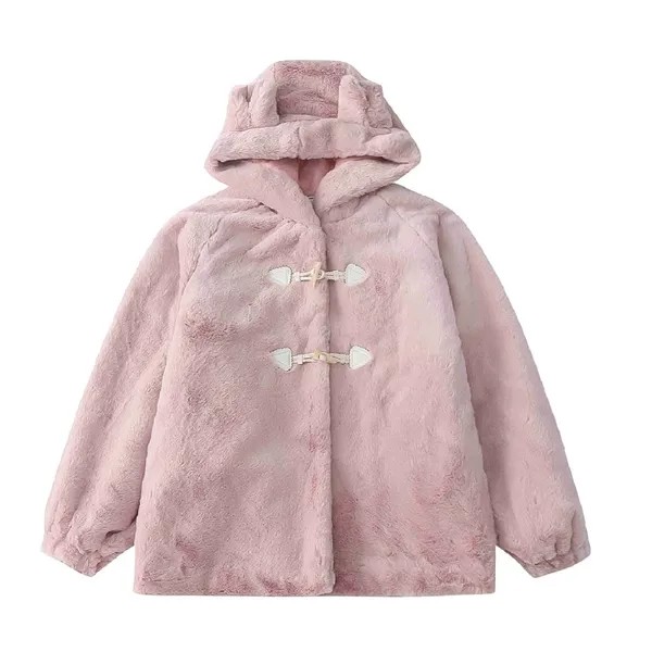 Японская мода, зимнее пальто, женская теплая куртка, Лолита, девочка, кавайная плюшевая верхняя одежда с ушками из аниме, милое розовое пушистое пальто из искусственного меха