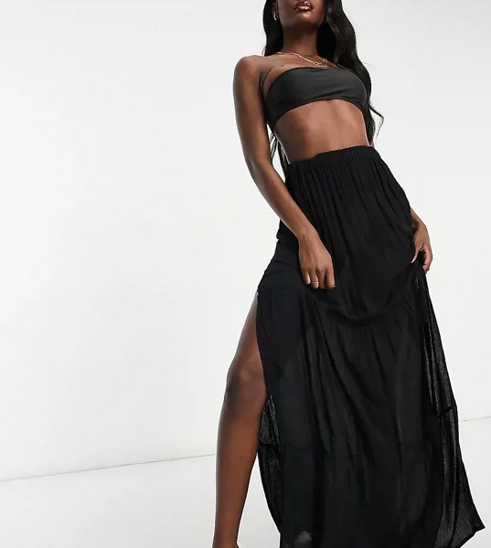 Ярусная пляжная юбка макси из жатой ткани черного цвета от комплекта ASOS DESIGN Tall-Черный цвет