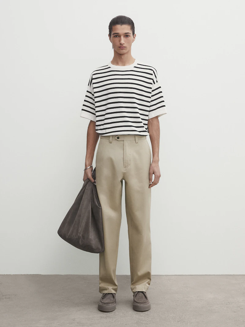 Трикотажная футболка с короткими рукавами в полоску Massimo Dutti, бежевый