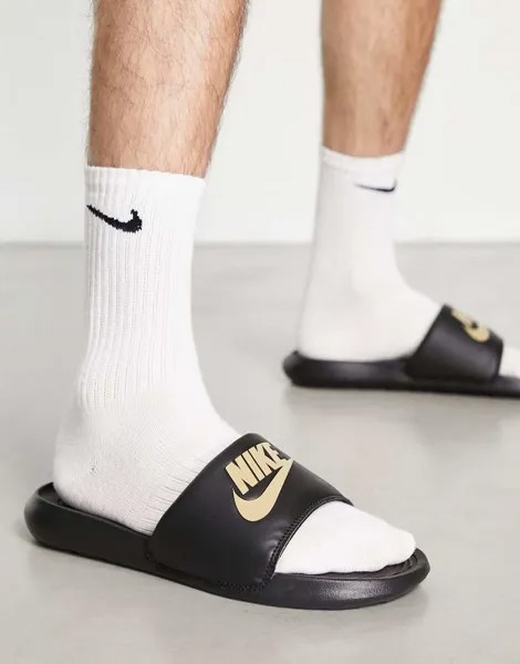 Черные шлепанцы с логотипом цвета розового золота Nike Victori One