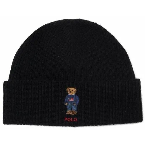 Шапка POLO RALPH LAUREN OS мужская черная бини с отворотом и лого медведем Solid Holiday Bear Beanie