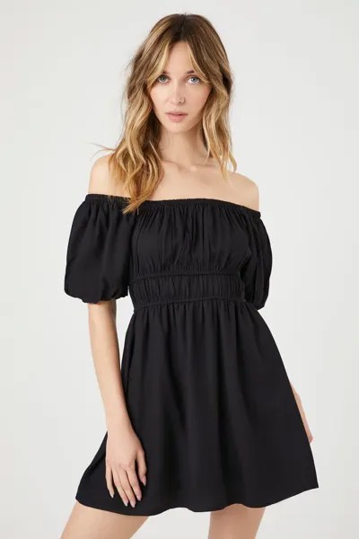 Крестьянское мини-платье с открытыми плечами Forever 21, черный