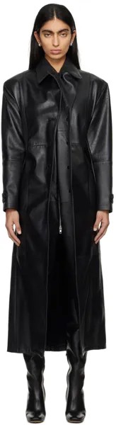 Черное кожаное пальто со сборками Marie Adam-Leenaerdt