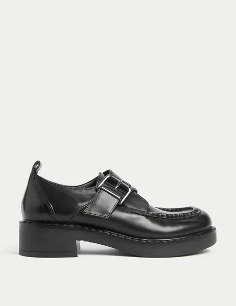 Кожаные броги на блочном каблуке с пряжкой Marks & Spencer, черный