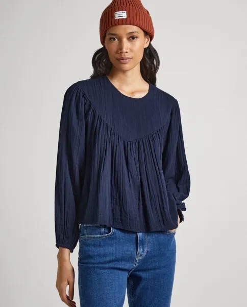 Женская блузка из вафельной ткани с рукавами-фонариками Pepe Jeans, темно-синий