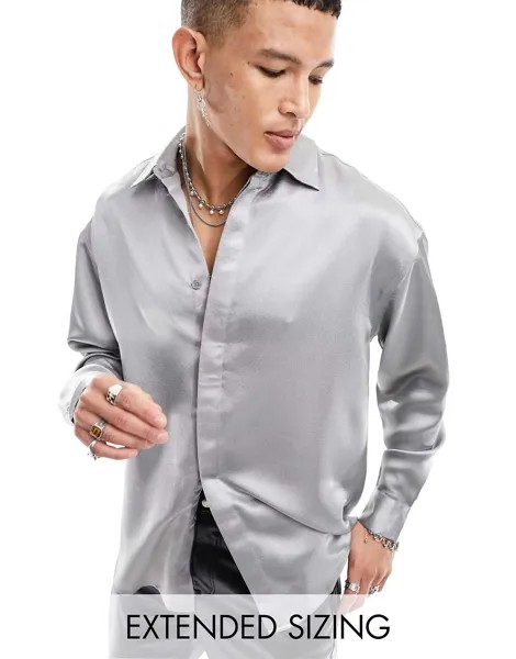 Серебристая рубашка оверсайз из плотного атласа 90-х годов со потайной планкой ASOS