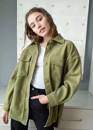 Куртка-рубашка навыпуск цвета хаки с начесом Stradivarius-Зеленый