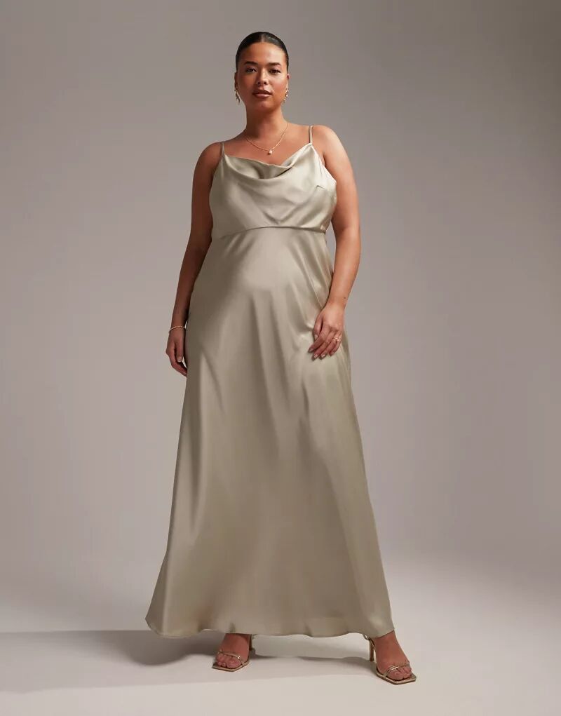 Длинное атласное платье подружки невесты с пышной юбкой и воротником-хомутом ASOS DESIGN Curve