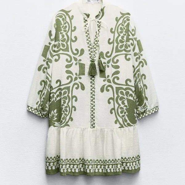 Платье Zara Rustic Printed Mini, кремовый/хаки