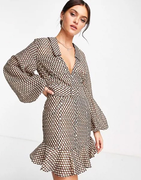 Платье-рубашка мини с поясом и геометрическим принтом ASOS DESIGN-Разноцветный