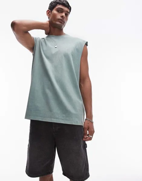 Зеленая футболка оверсайз без рукавов Topman